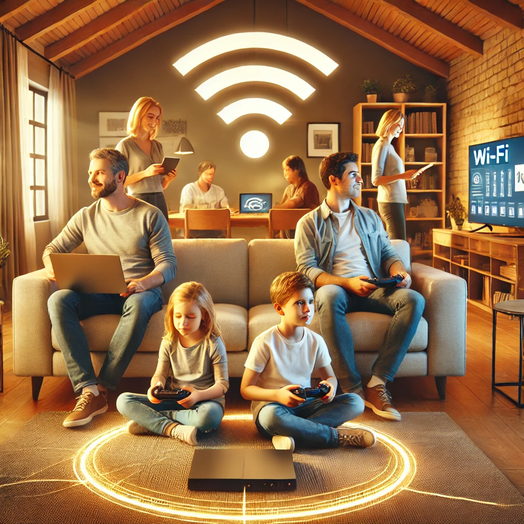 DALL·E 2024-12-03 17.18.00 - A family enjoying seamless internet connectivity with multiple devices in a modern living room. People are watching TV, working on a laptop, and playi